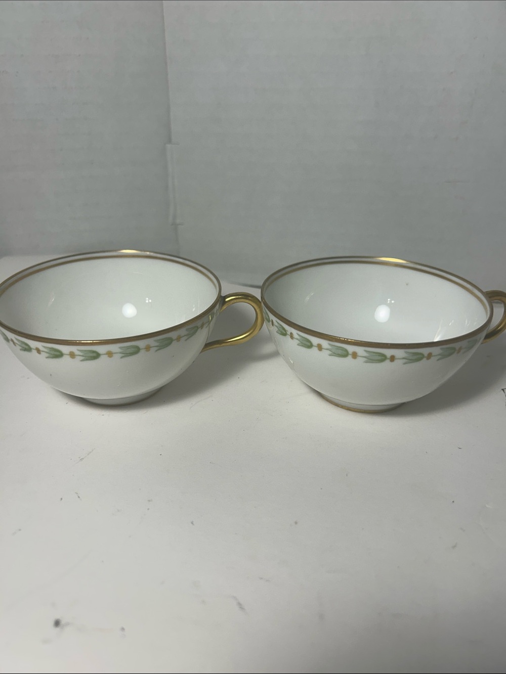 Porcelain Tea Cups with Green Floral Border and Gold Trim - Set of 2 Replacement